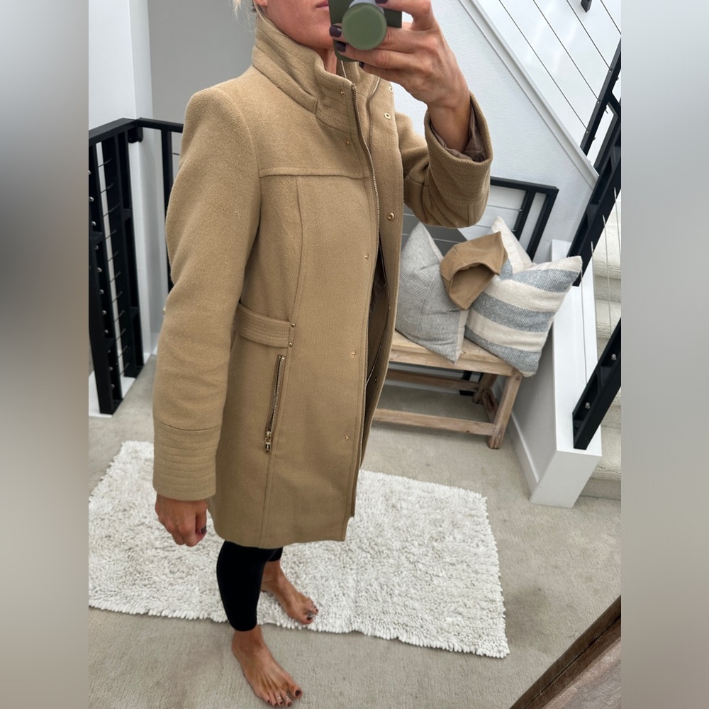 Vince Camuto Wool Blend Coat Camel Hooded Zip Up Jacket Chic Fall Winter Size XS - Picture 5 of 15